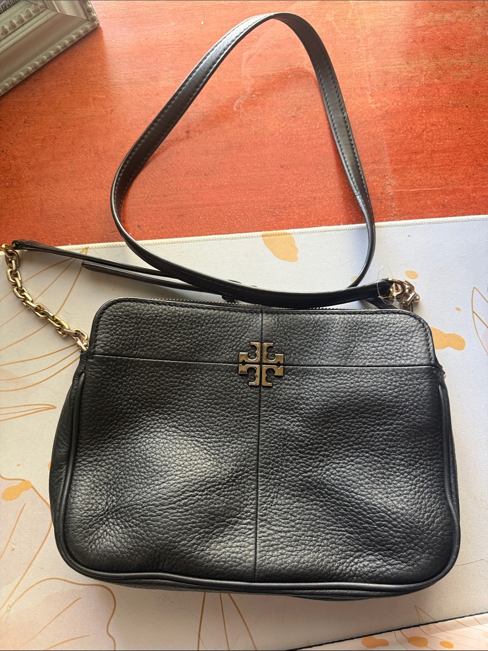 Tory Burch Black Pebbled Leather Crossbody with Gold Logo